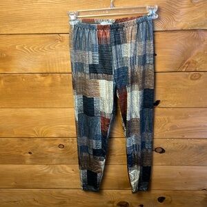 Womens patchwork multi color leggings joggers Lg brown blue tan Lg 26 inch waist